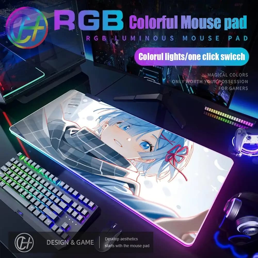 Tappetino per Mouse RGB HYBXAXC 900x400x4mm, Tappetino da Scrivania per Gaming HD, Grande Tappetino LED XXL Anime Re Zero Rem RGB
