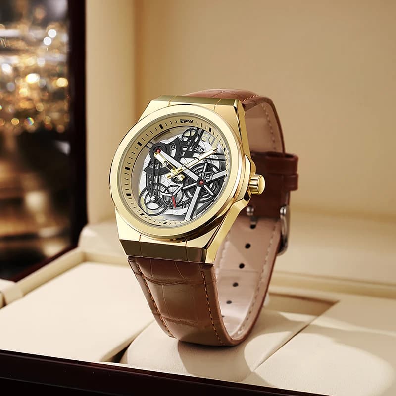 TPW Hot Trendy Fashion All'ingrosso Uomo Orologio da polso al quarzo scheletro dorato Orologio di lusso con funzione giorno PU stap
