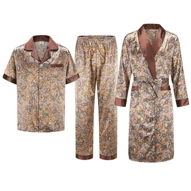 Summer Autumn New Bathrobe with Ice Silk Pocket Maschile Casual Clothing for Home Printing Shirt and Trousers Wide Nightwear Pigiama