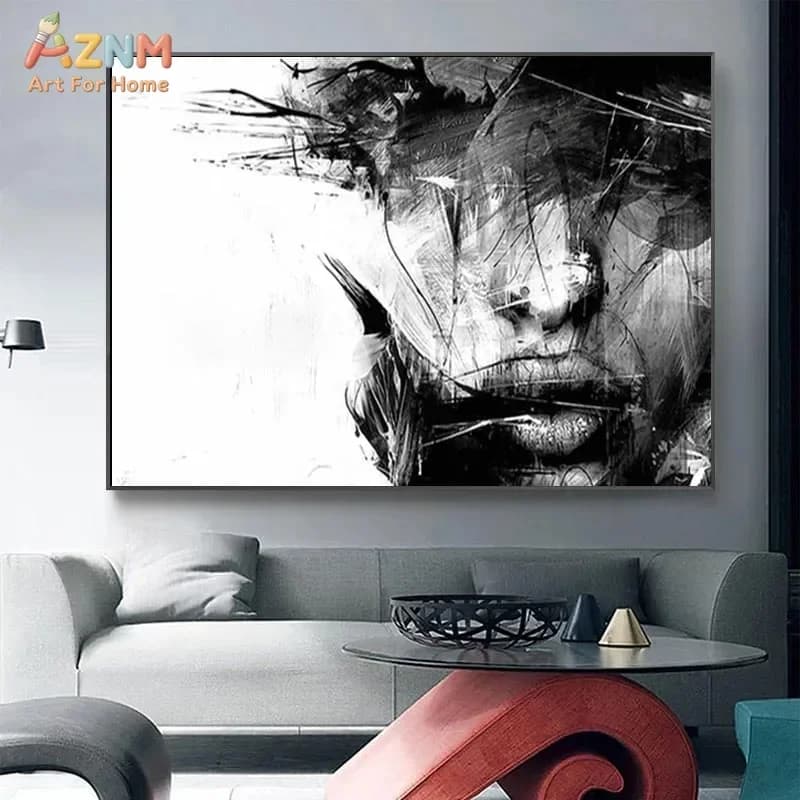 AZNM Abstract Black White Woman Face Portrait Unframed Canvas Wall Art Print Modern Graffiti Style Lips Figure Wall Decor for Li