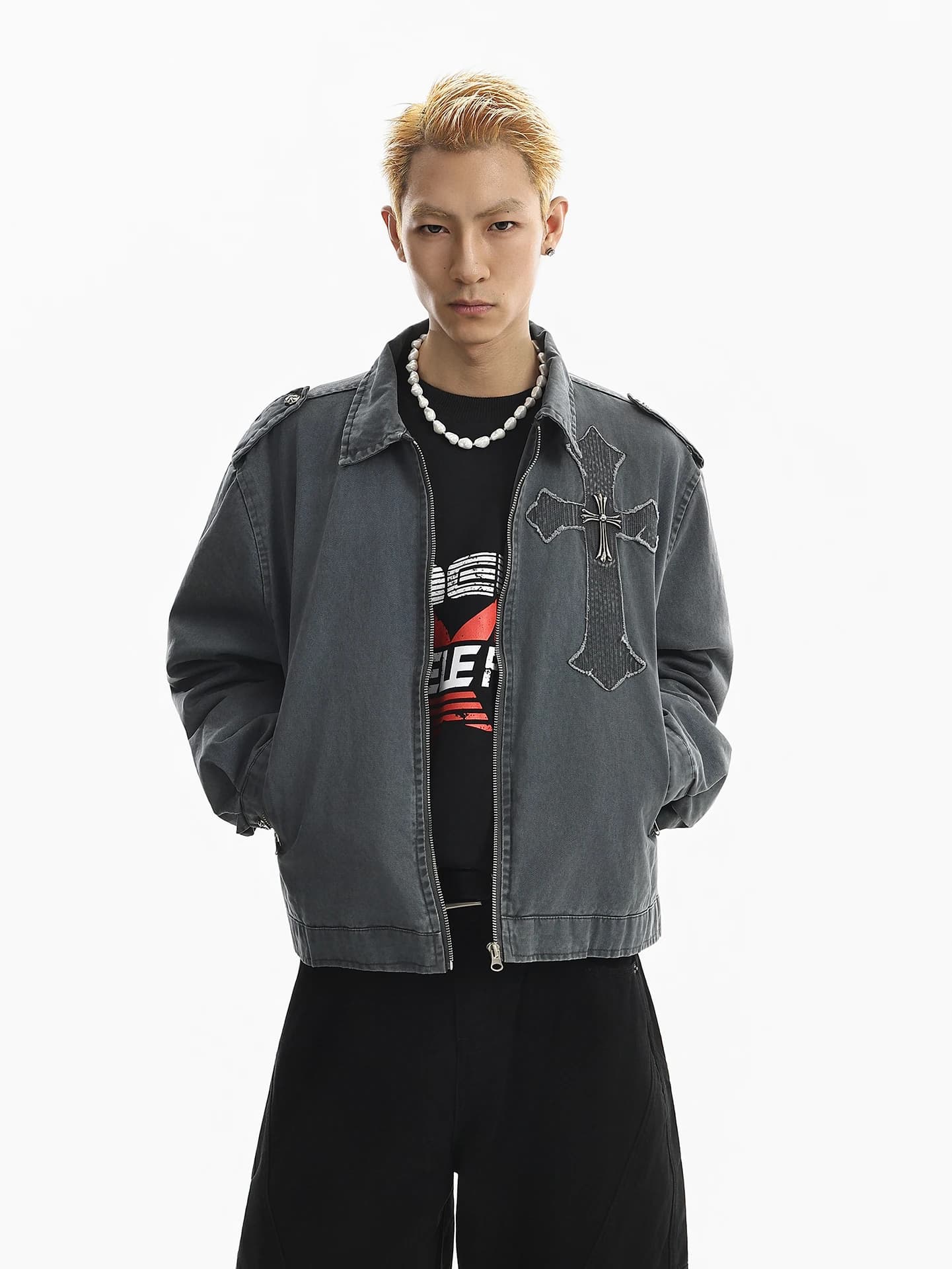 BETEBULE American Trendy Metal Cross Collar Jacket Men's Spring Loose Short Outerwear Fashionable And Handsome Youth Style