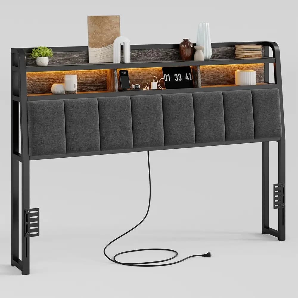 Testiera per letto matrimoniale con contenitore a 2 livelli, testiera imbottita con prese di corrente, porte USB, luce LED, testiera matrimoniale con illuminazione integrata