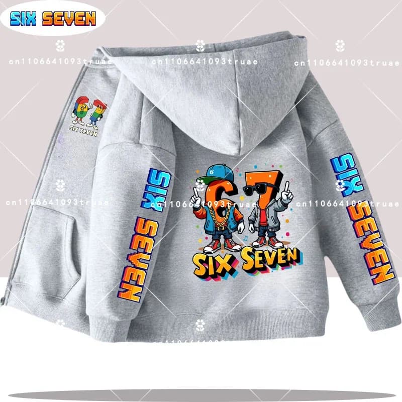 Kids zippered hoodie Hot Six Seven, funny, 67 Brainrot print, fashionable casual clothing for kids, girls and babies