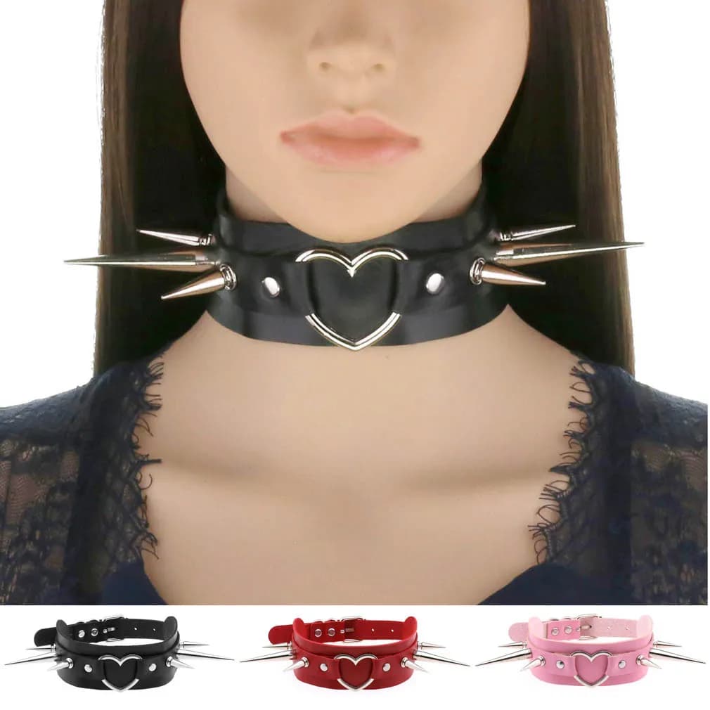 Punk Gothic Personality Super cool Creativity Exaggeration Heart shape Long rivet Multicolored Leather Stainless steel Necklace