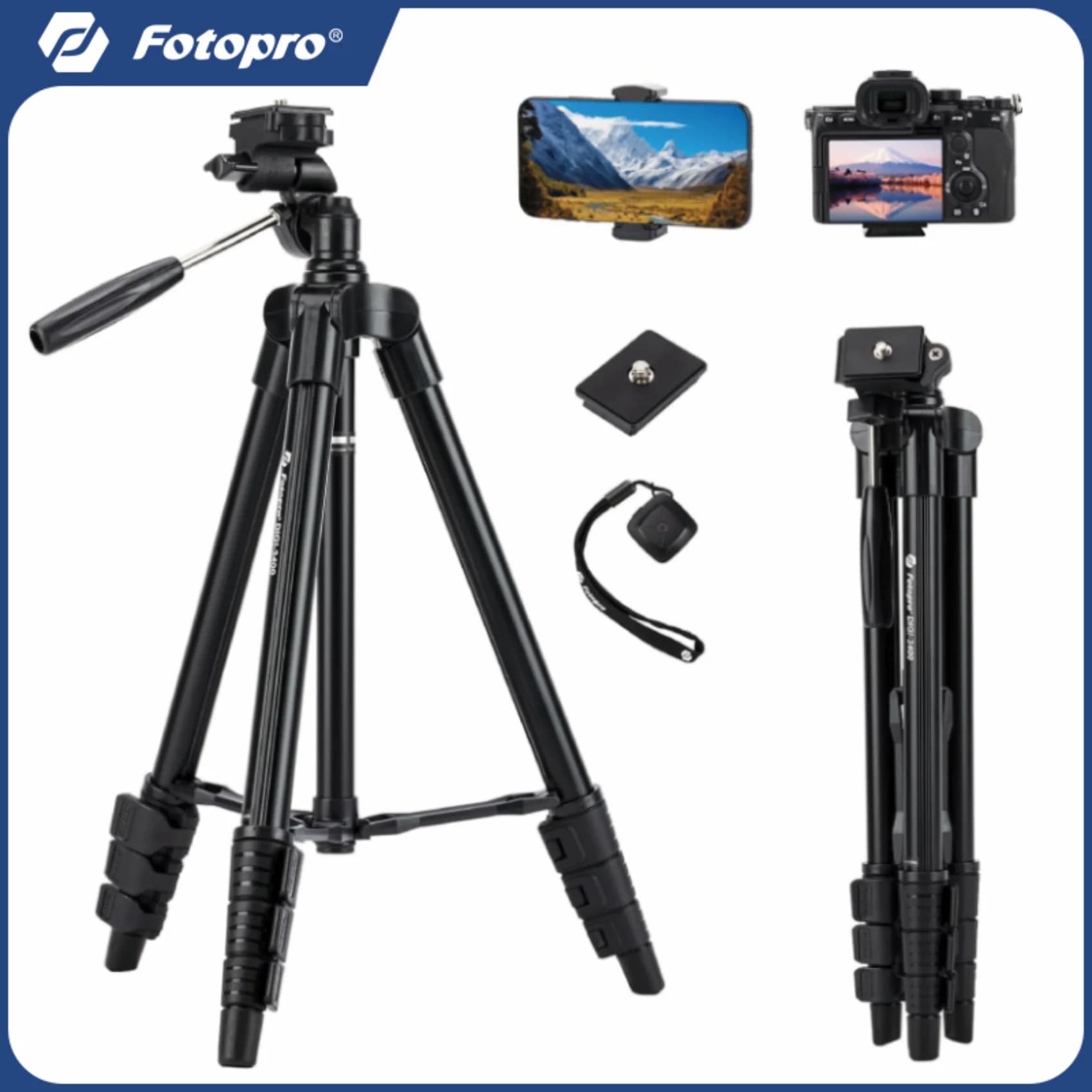 Treppiede per fotocamera Fotopro DIGI3400 Treppiede per telefono da 122 cm con testa a 3 vie Treppiede da viaggio portatile leggero in alluminio per DSLR