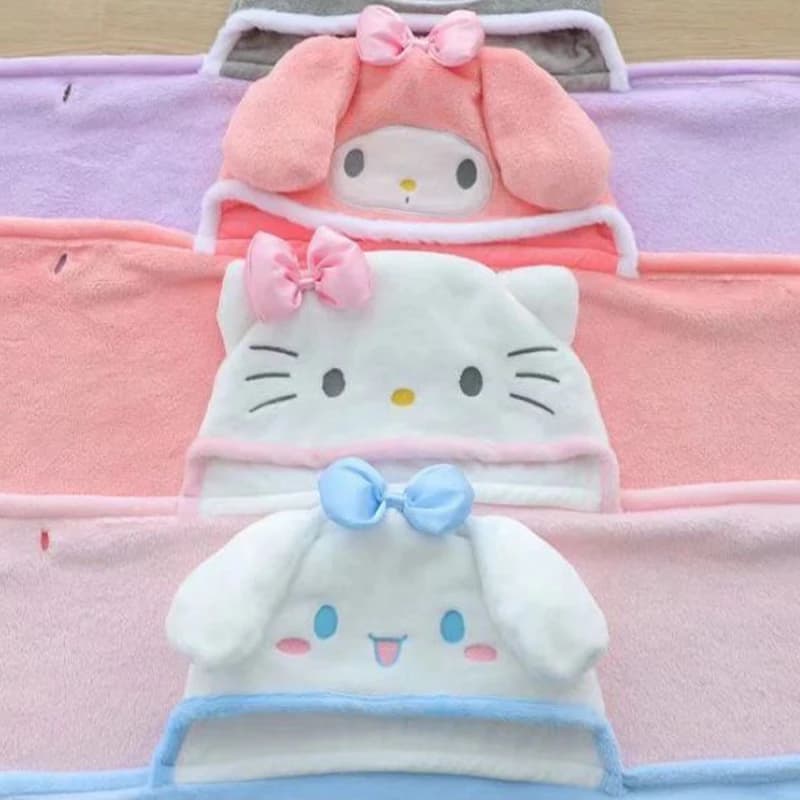 Kawaii Anime Hello Kitty Kuromi Cinnamoroll Covered with velvet shawls with hood - Woman Child Student Cartoon plus Size Bathrobe gift for nap