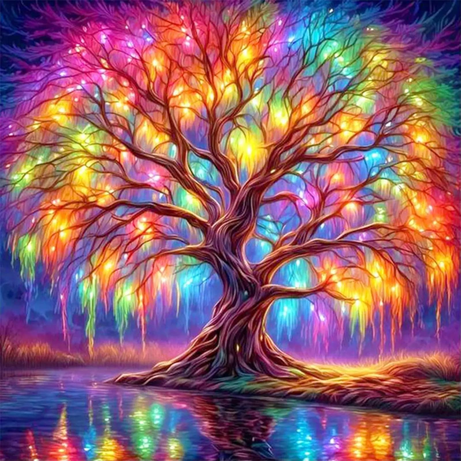 Pittura Diamante 5D Fai da Te con Diamanti Rotondi Completi, Albero Colorato sul Lago, Decorazione 30x30cm