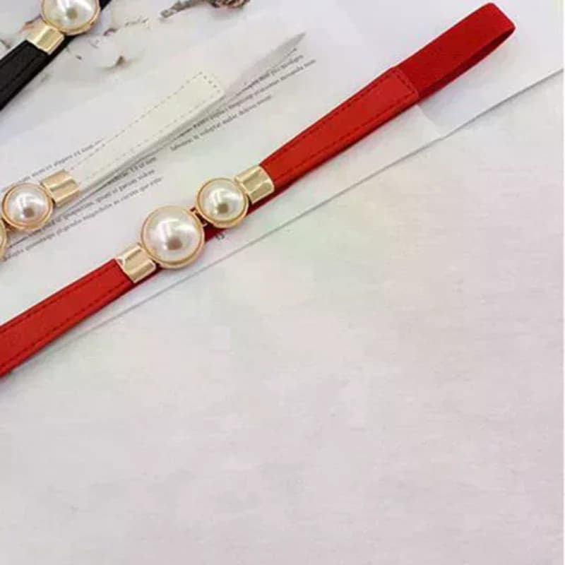 Pearl Buckle Belt PU Leather Dress Skirt Waist Elastic Thin Women Belts Ladies Waistband Accessories