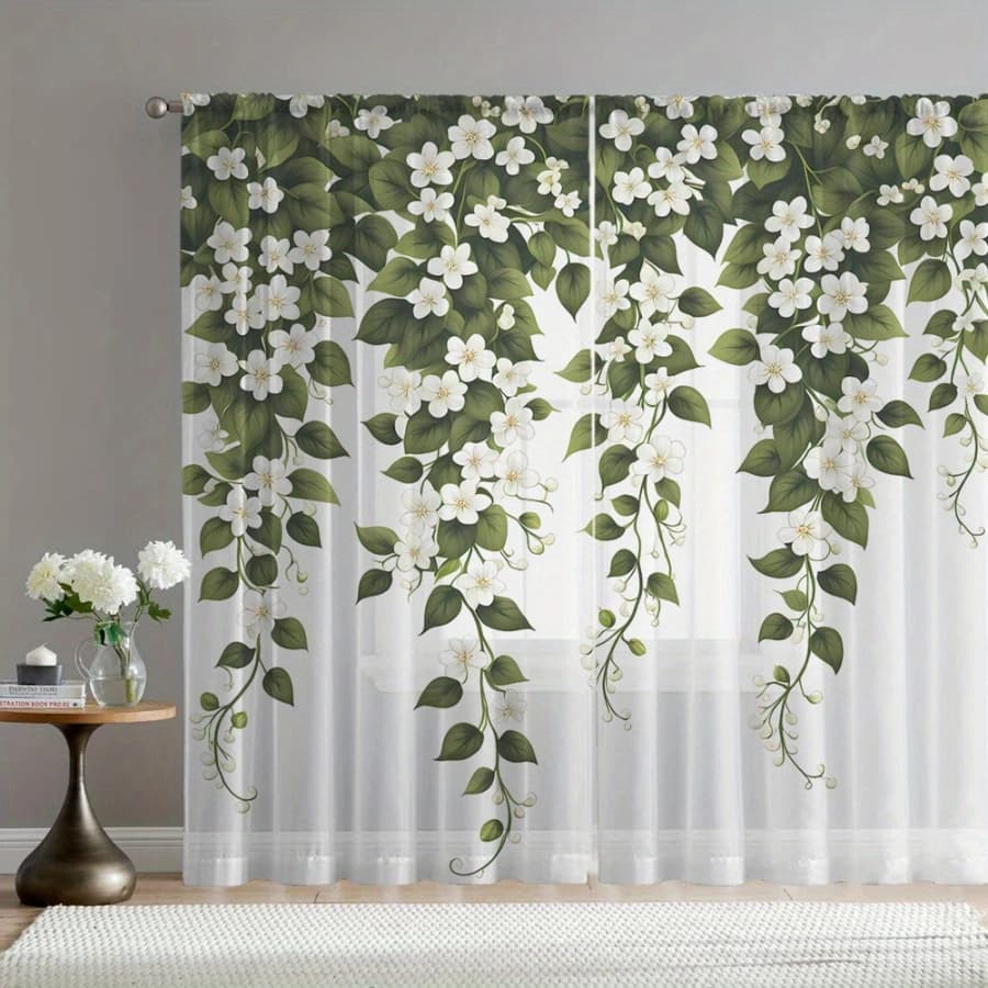 2PCS Digital Print Sheer Curtains, Green Vine White Flowers, Fresh Botanical Garden for Bedroom Living Room Home Decor