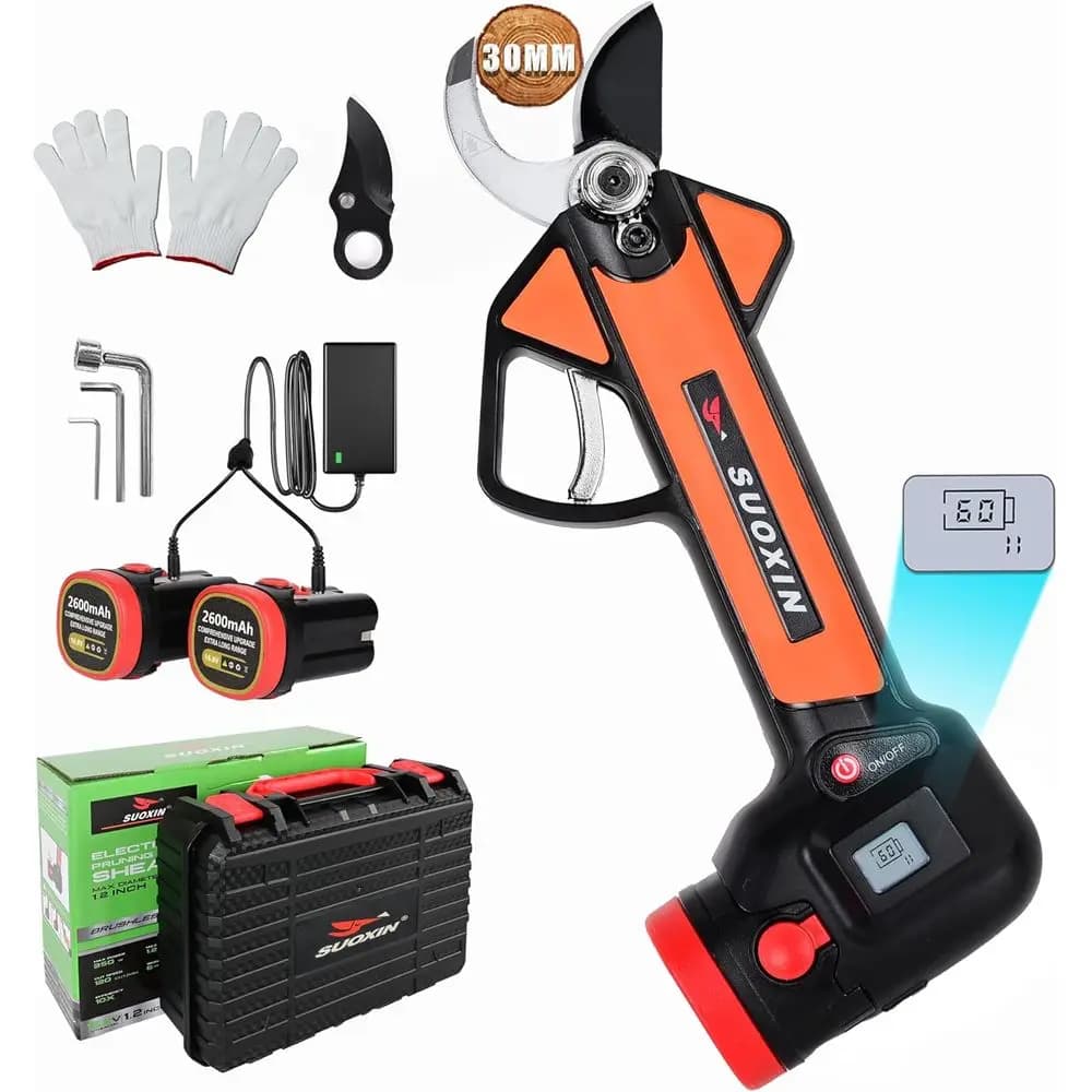Battery-powered electric shears with LCD display, 16.8 V brushless motor, 1.2-adjustable cutting diameter, 2×2600 mAh charging