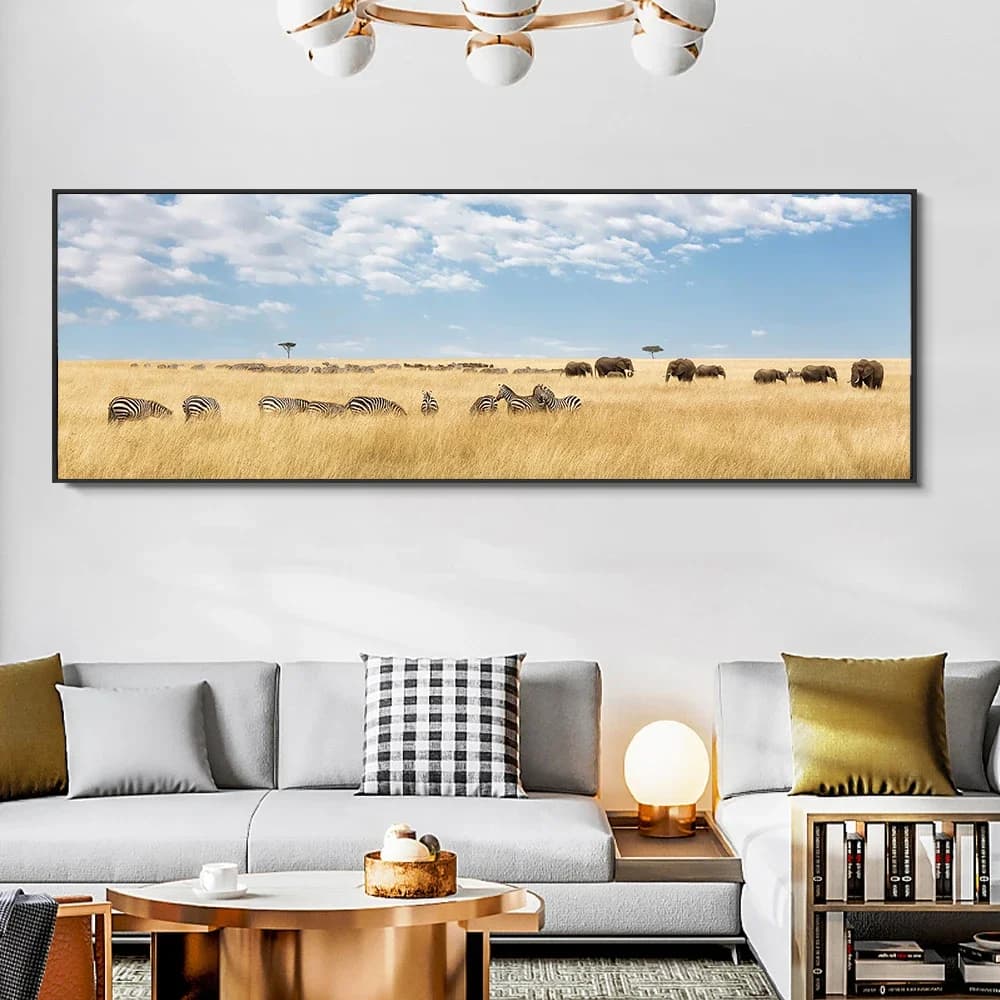 Elephant Zebra Wall Art Canvas Painting with Frame African Wild Animals Poster Stamps Living Home Decor Black white image