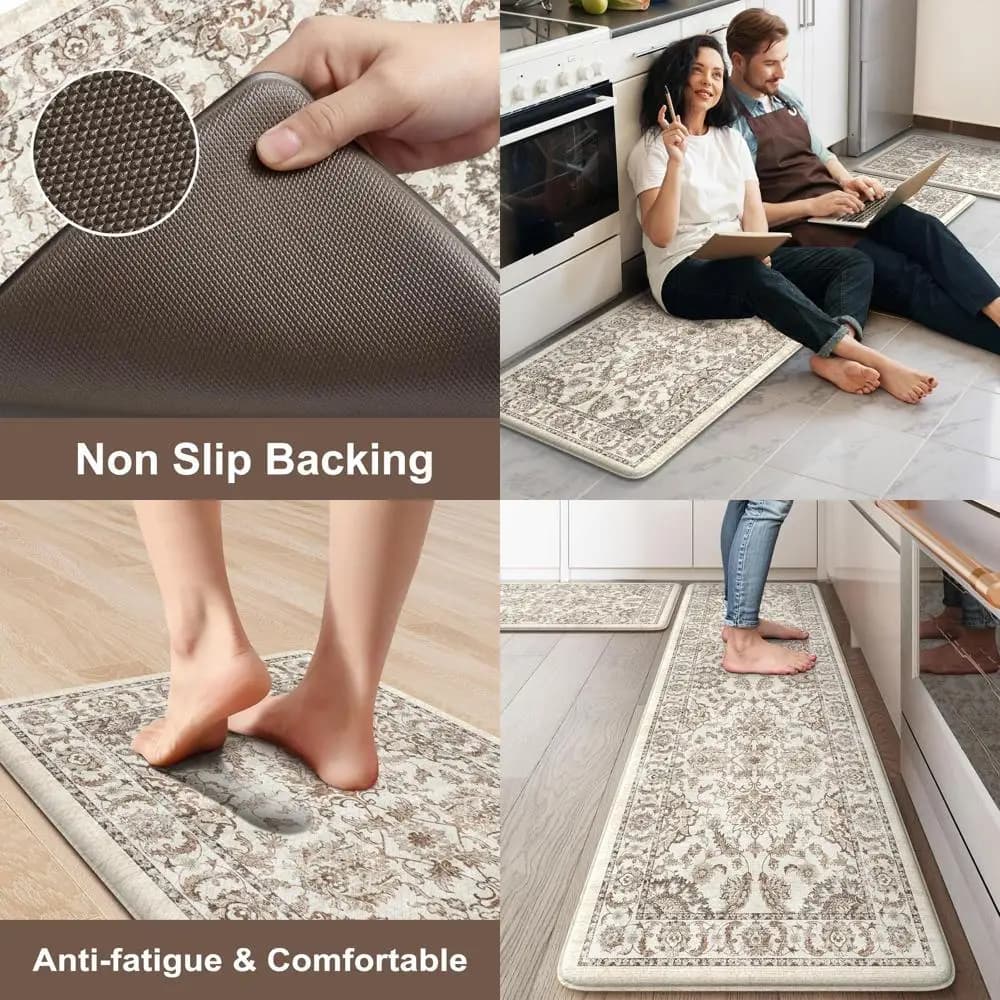 Coppia di tappeti da cucina anti-fatica, tappetini ergonomici imbottiti, stile Boho, resistenti alle macchie, antiscivolo, 17,3x59 + 17,3x29, kaki