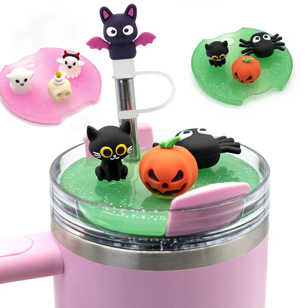 4 pezzi di accessori per tazze per bicchieri, tappi di copertura in paglia di Halloween 3D da 8 mm, coperchi per bevande, regalo con cappuccio di paglia lavabile a prova di spruzzi
