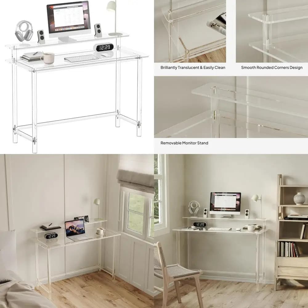 Scrivania moderna per computer in acrilico trasparente - 47,2 lunghezza x 19,7 larghezza x 34,5 altezza - Scrivania da ufficio con supporto per monitor