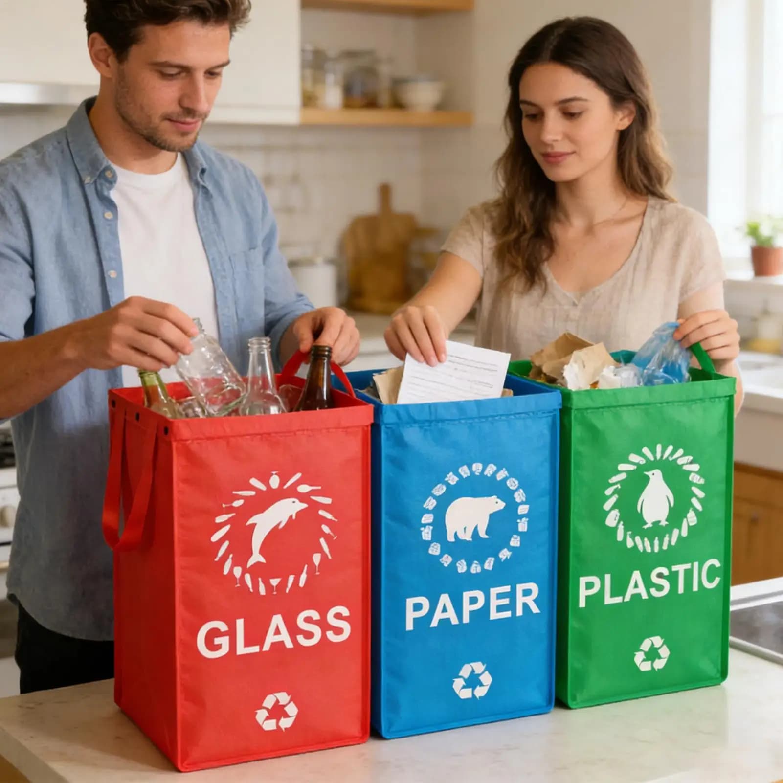 Borsa per il riciclaggio della borsa portaoggetti in PP con manico, borsa per lo smistamento dei rifiuti impermeabile, protezione ambientale, bidone della spazzatura