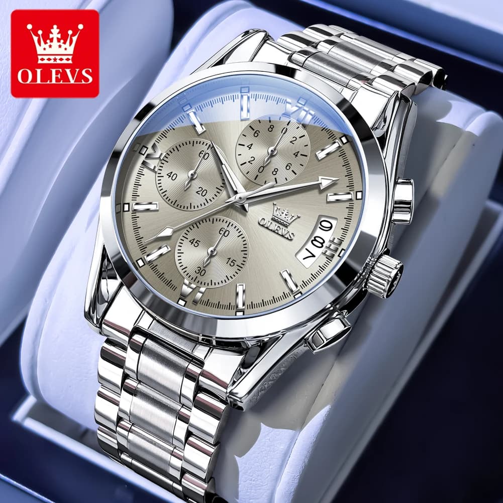 OLEVS 2987 Chronograph Man Watch Original Solid Steel Strap Waterproof Calendar Wristwatches Luxury Brand Quartz Watches for Man