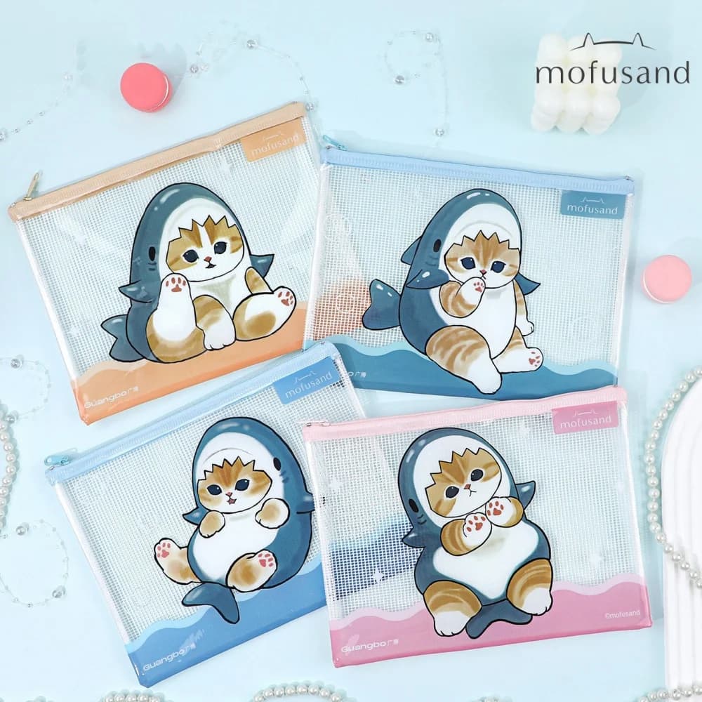 Astuccio Portadocumenti A4/A5 Originale Mofusand Shark Cat, Borsa Portaoggetti per Cancelleria Scolastica, Cartella Impermeabile con Cerniera a Rete, Regalo per Ragazze