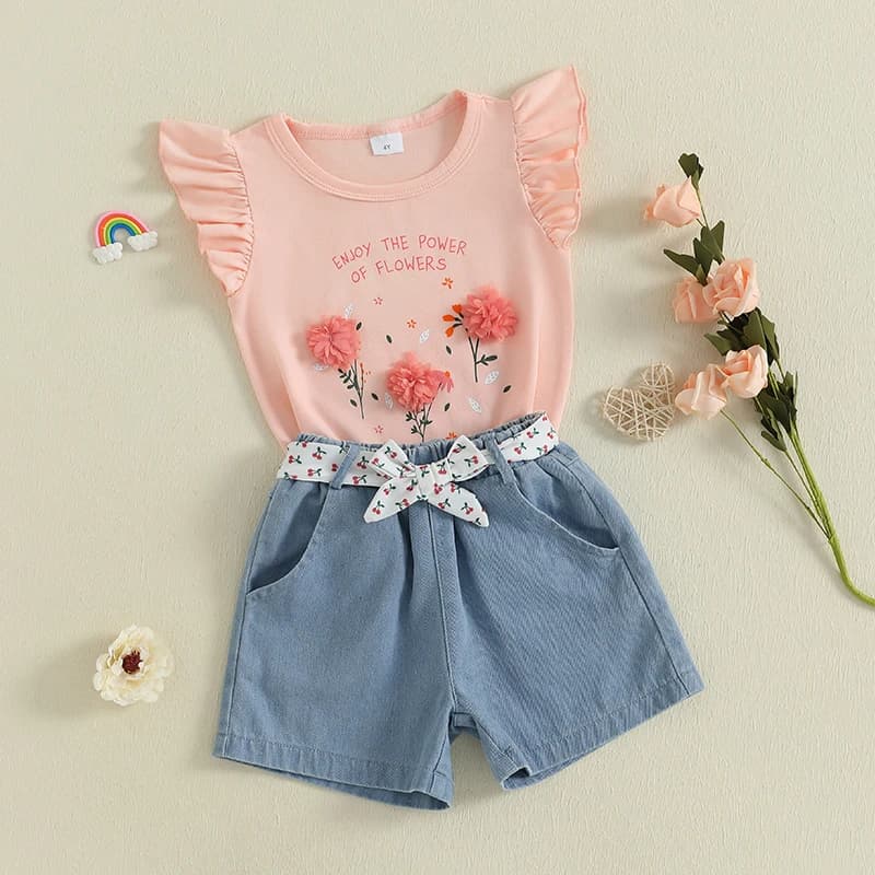 Set da ragazza in 2 pezzi con top ricamato floreale con maniche a volant e pantaloncini di jeans con cintura - Completo da bambino