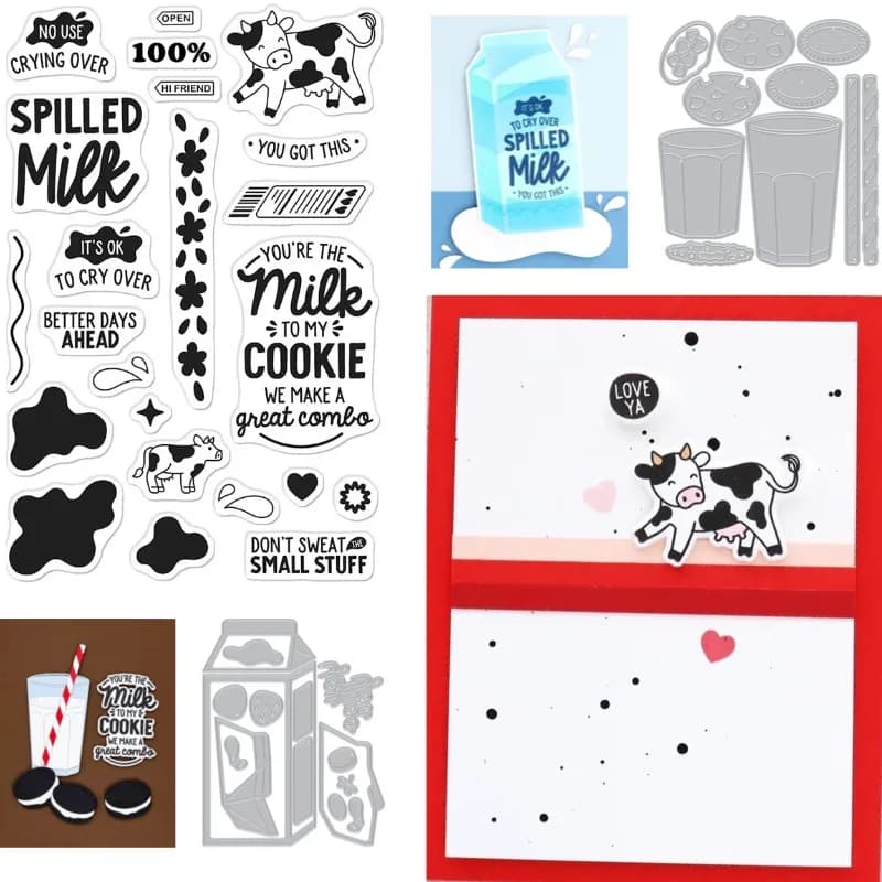 Fustelle per il taglio di metalli a strati a forma di cartone di latte e timbri trasparenti, stencil, fustelle, lame, coltelli, punzoni per scrapbooking e artigianato su carta