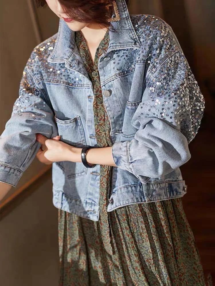 Giacca in denim con paillettes da donna, nuova collezione Primavera/Estate, stile europeo, corta e ampia, per il commercio estero nel Sud-est asiatico