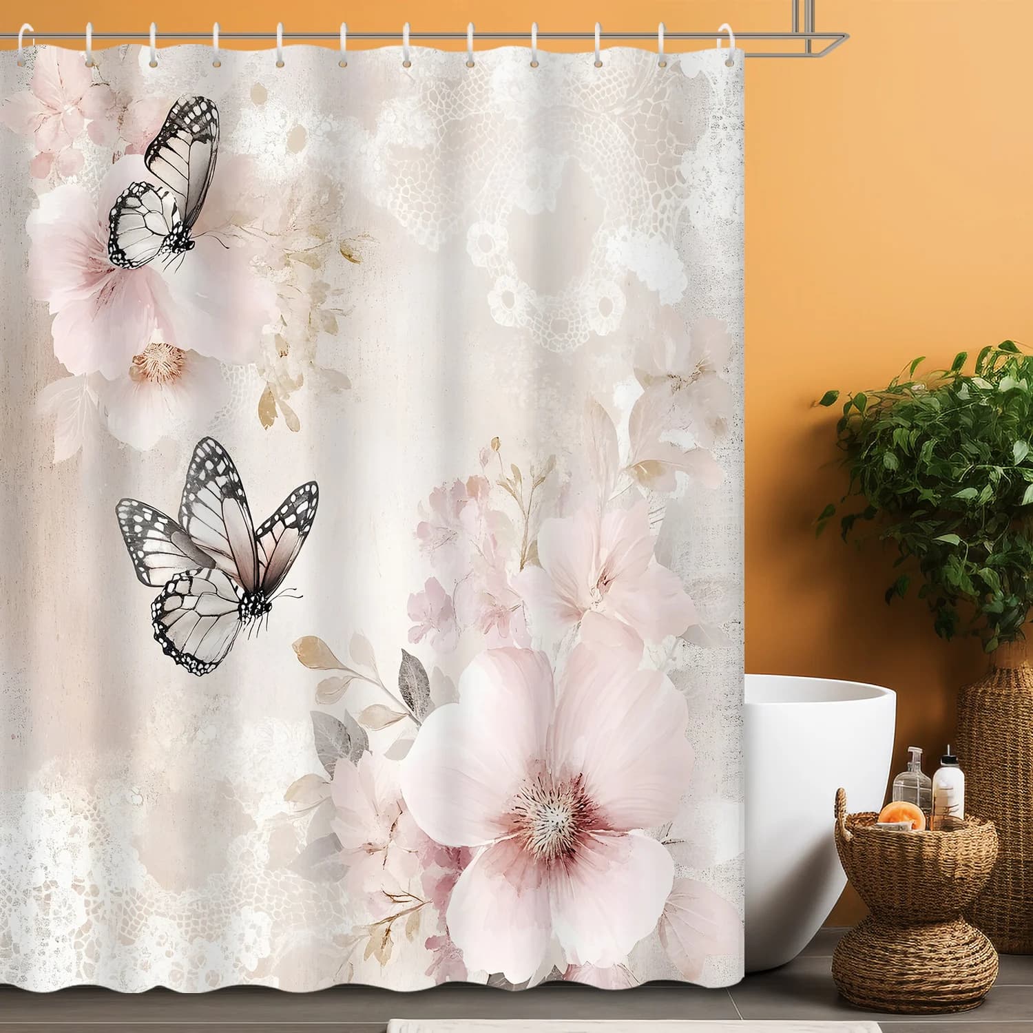Tenda da doccia con farfalla floreale rosa acquerello vintage da 1 pezzo - 12 ganci, arredamento per il bagno