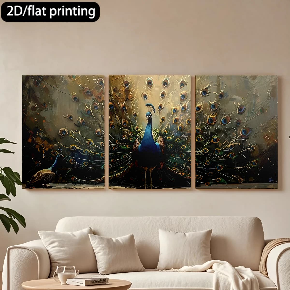 Decorative painting on canvas with wooden frame, 3 pieces. Majestic floor, feathers in evidence. Hall decoration, living room.