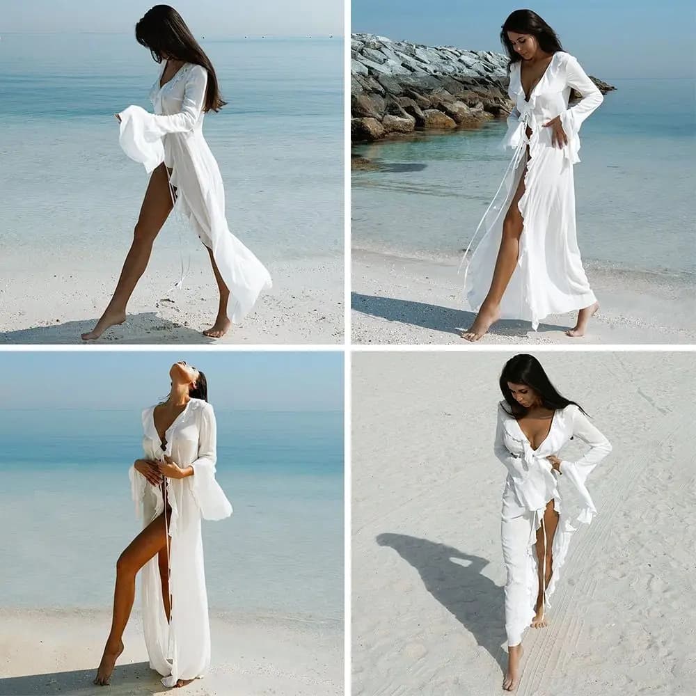 Abito da Spiaggia Estivo con Scollo a V, Maniche Lunghe, Vestito Casual con Volant per Donna