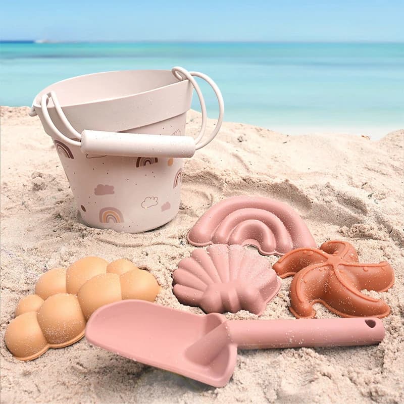 6 pezzi/set giocattoli da spiaggia ecologici in silicone alimentare senza BPA - divertenti giocattoli estivi all'aperto per bambini con secchio e sabbia