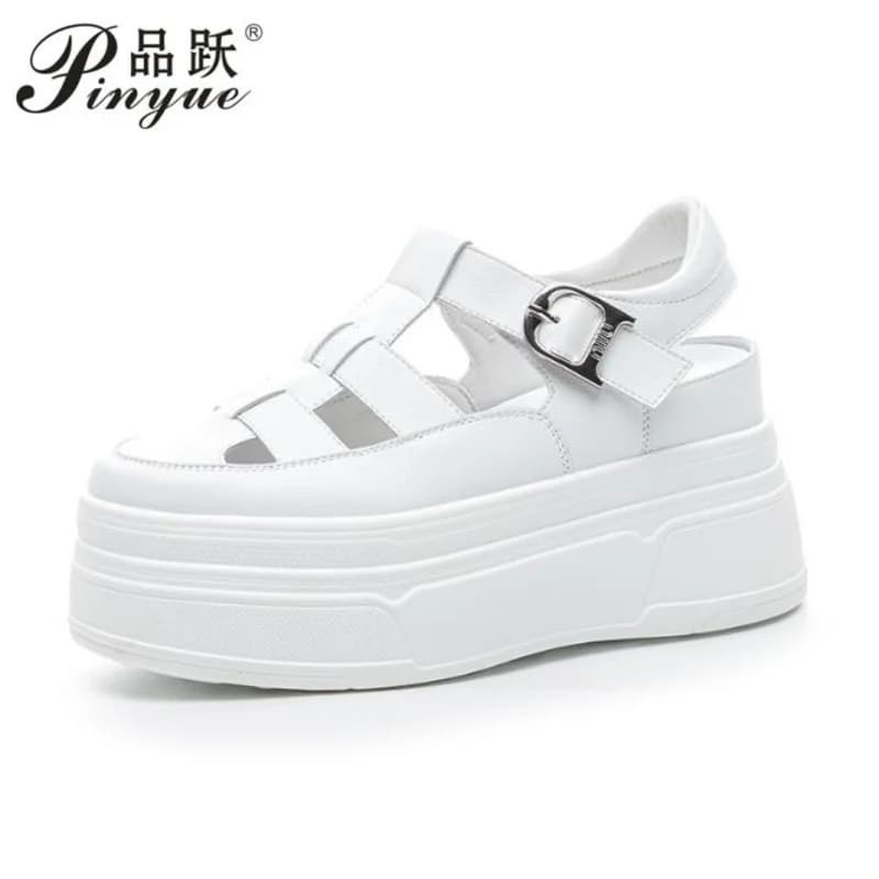 8.5cm Hollow Full Cow Genuine Leather Women Summer Shoes Platform Sneakers Wedge Hidden Heel Women Summer Sandals Platform 34-39