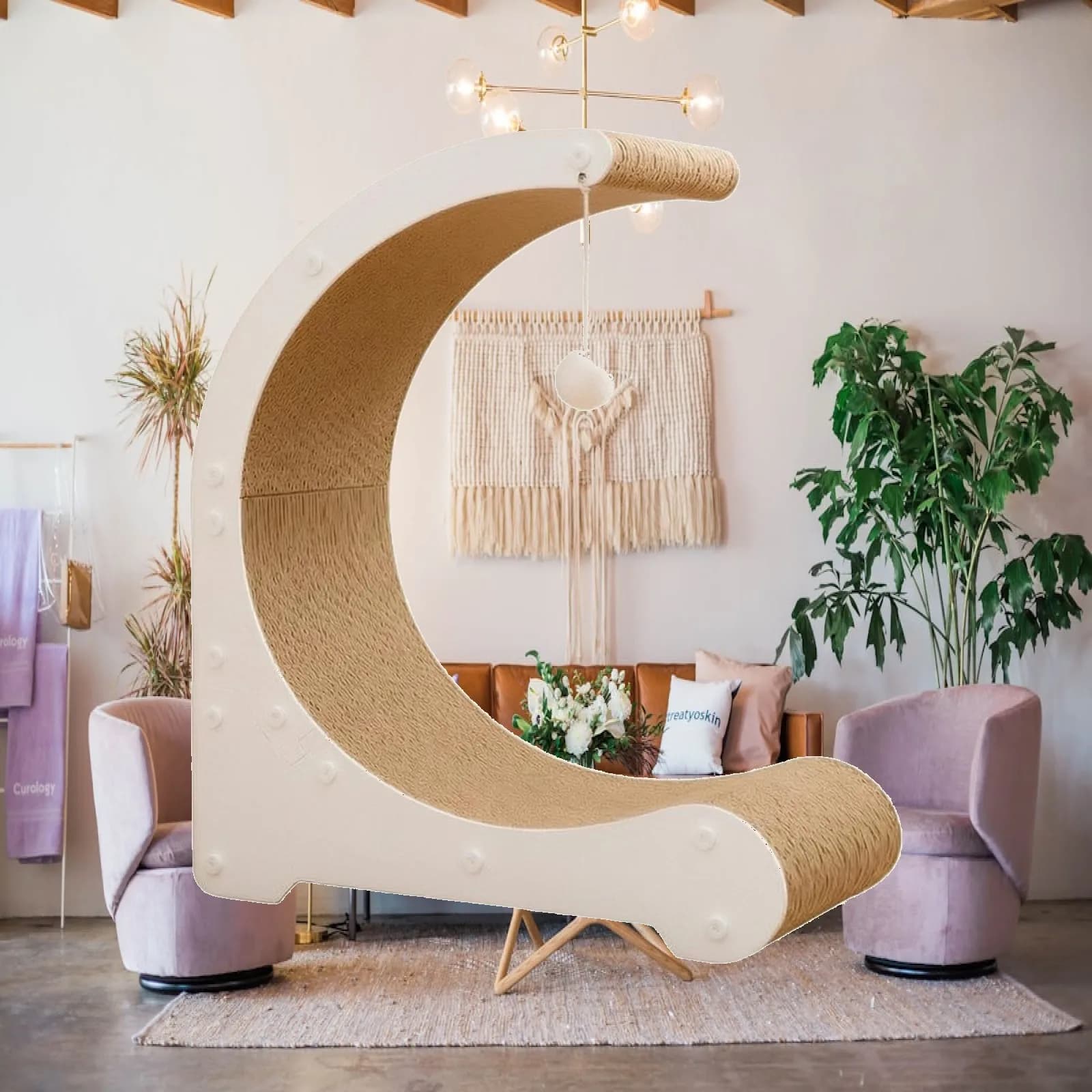 Cat Scratcher Cardboard Board Arc Style Cat Lounge with Hanging Toy for Kitten Play Claw Sharpening and Rest Indoor Furniture