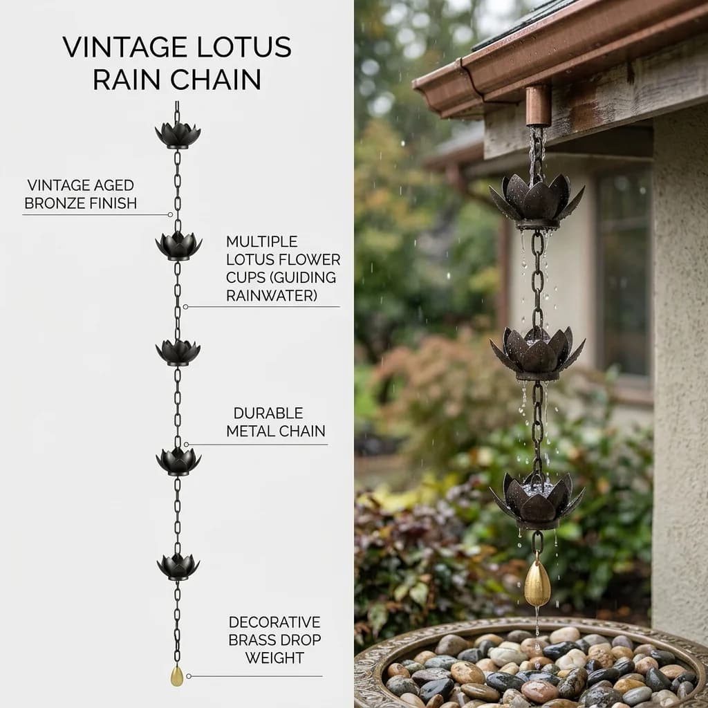 Catena di Pioggia a Forma di Loto per Estensione Grondaia, Decorazione Metallica per Giardino, Campanello Sospeso, Ornamento per Canale di Drenaggio Esterno