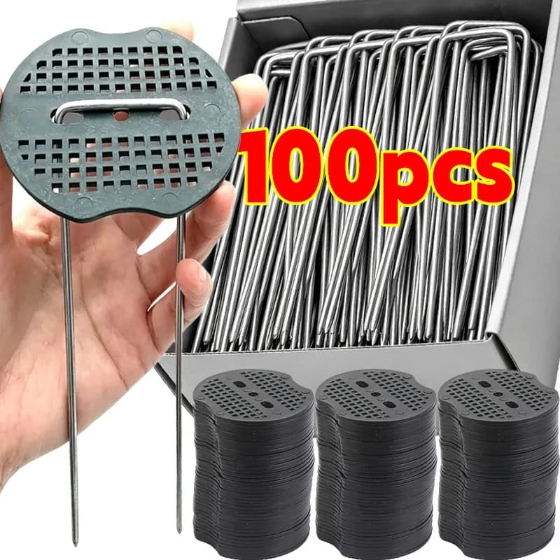 U-type Garden Staples Plastic Gasket Heavy Duty Fence Tubing Stakes Metal Pegs Landscape Ground Nail Film Peg Fixed Tools