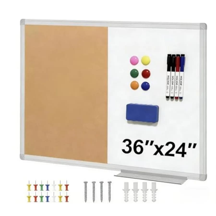 Lavagna in Sughero e Lavagna Magnetica Combinata 36" X 24" con Cornice in Alluminio e Cancellazione a Secco