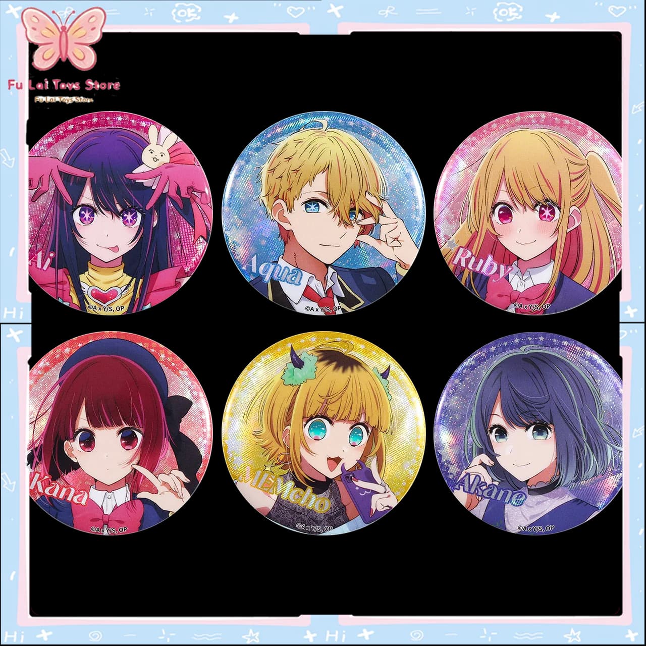 Autentico Distintivo in Latta Glitterato BOOMCOMIC Oshi no Ko Ai Hoshino Aqua Ruby Kana Arima - Accessorio per Zaino Originale Disponibile