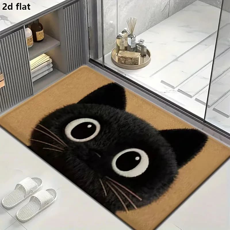 Simpatico tappetino da bagno con gatto nero – Design gatto giocoso per bagno, camera da letto e ingresso