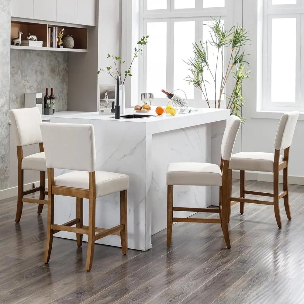 Set di 4 sgabelli da bar imbottiti con gambe in legno, tessuto beige in coordinato incluso