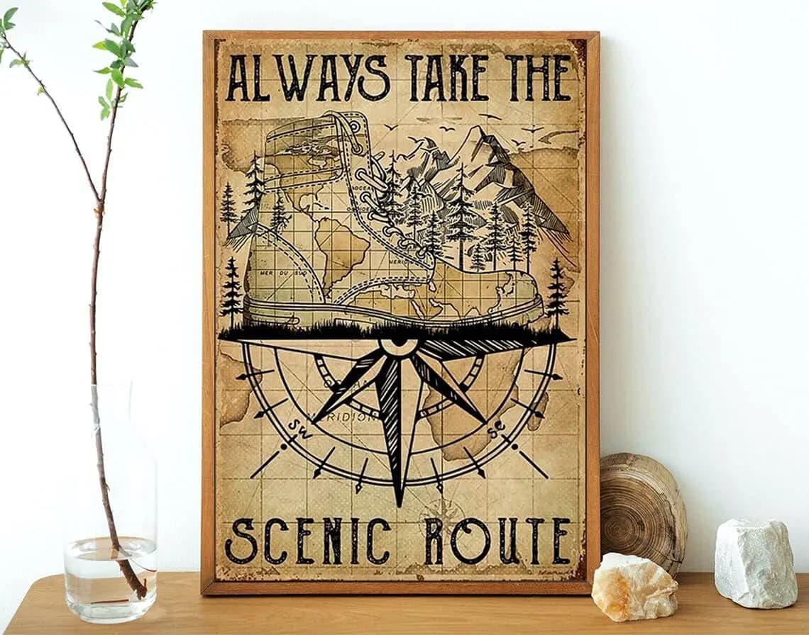Hiking Boots Metal Sign Always Take The Scenic Route Tin Sign Retro Plaque Wall Decor For Home Cafe Bar Club Courtyard Gara sign