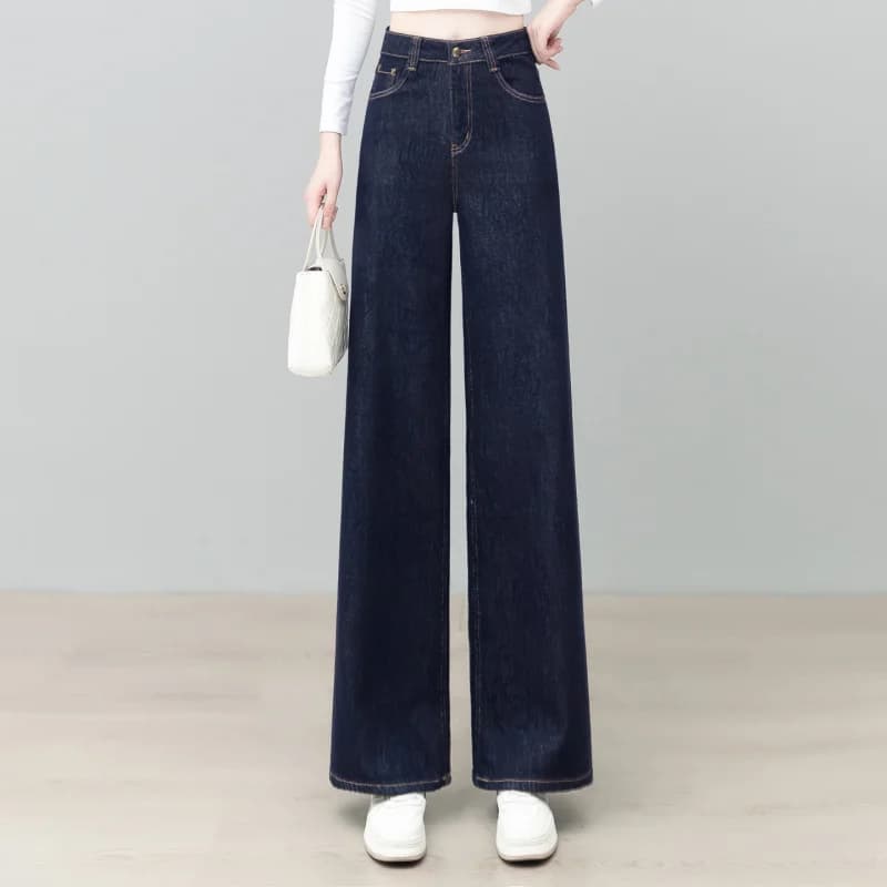 Jeans denim blu scuro nuovi pantaloni dritti drappeggiati lunghi fino al pavimento a vita alta dimagranti larghi autunnali