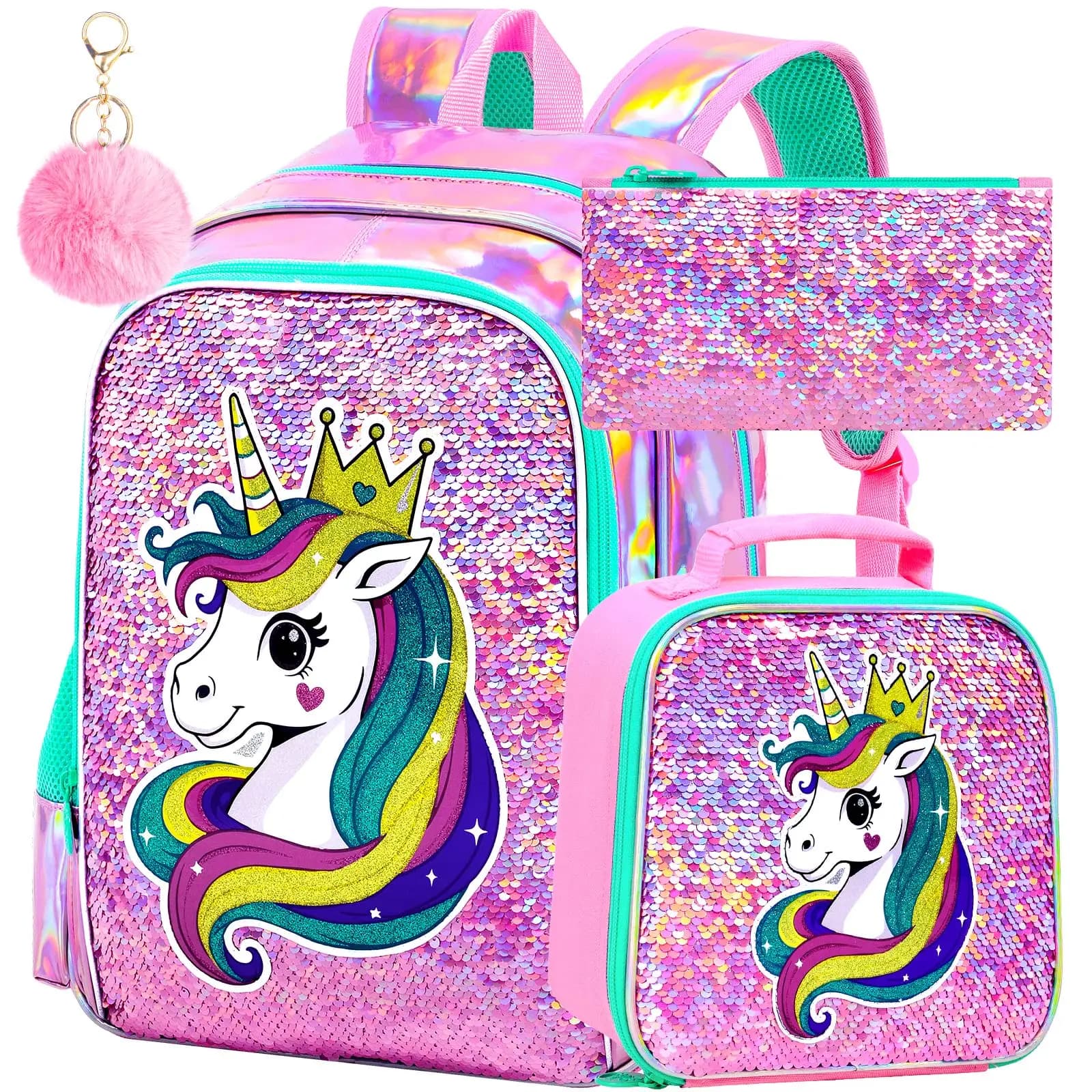 3Pcs Sparkle Sequin Unicorn Backpack Set Girls Cute School Bag Lunch Box Pencil Case Kids Travel Daypack