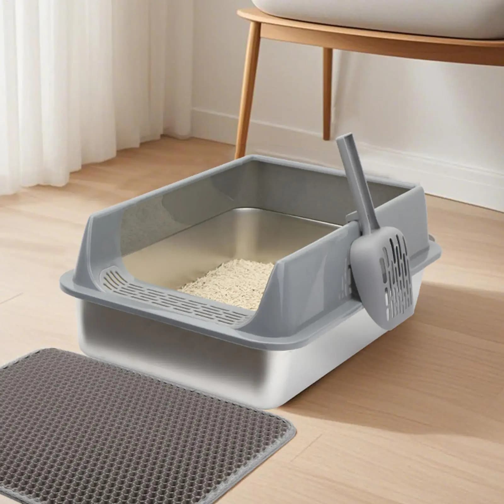 Lettiera per gatti in acciaio inossidabile con paletta Lettiera per animali domestici Toilette semi chiusa facile da pulire con paletta per gatti grandi e piccoli