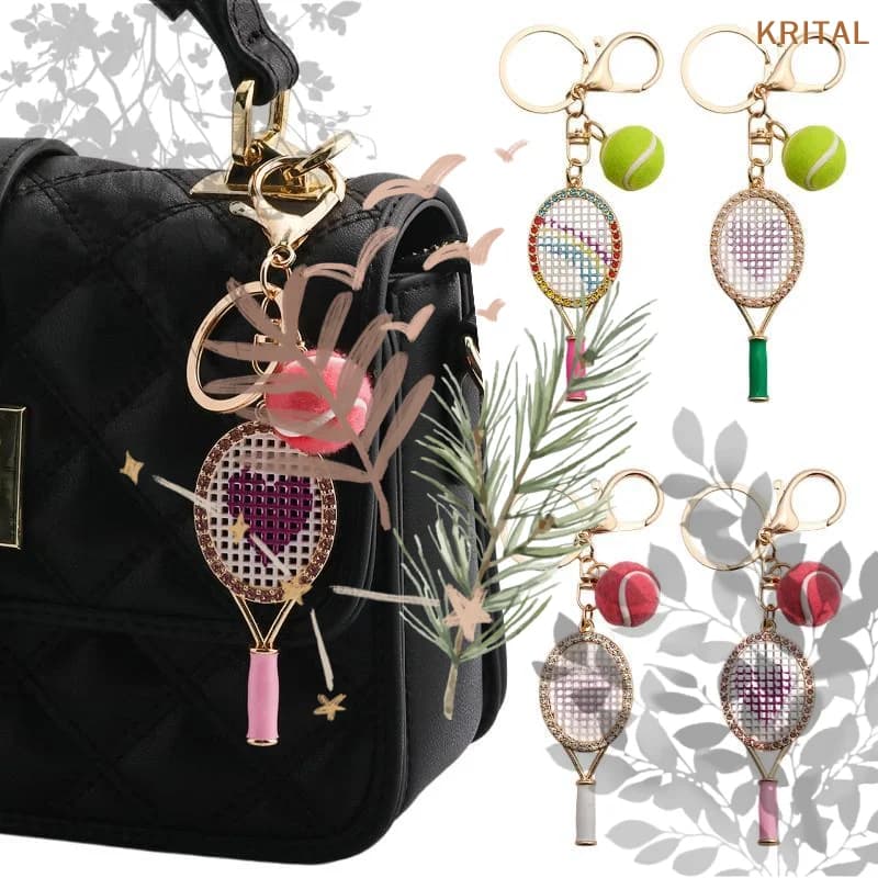 Crystal Heart Tennis Racket Keychain: Mini Felt Tennis Ball Bag Charm Sports Key Ring Backpack Purse Pendant Gift Women