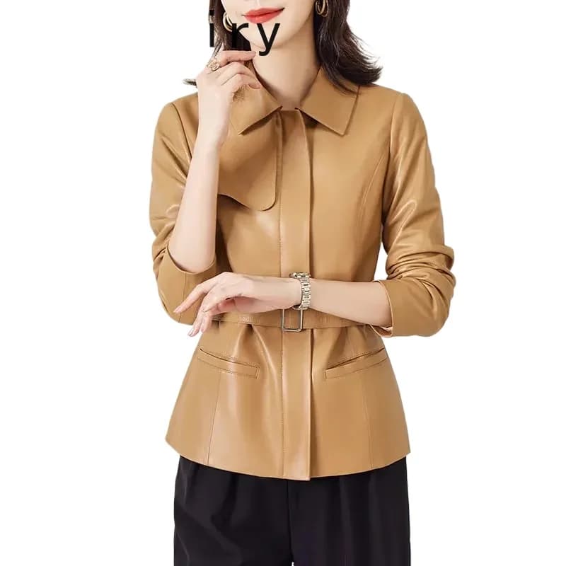 100% Genuino Giacca di Pelle Delle Donne 2024 Vera Pelle di Pecora Giubbotti di Pelle Donna Breve Sottile Cappotto di Pelle Cintura Coreano Streetwear SGG