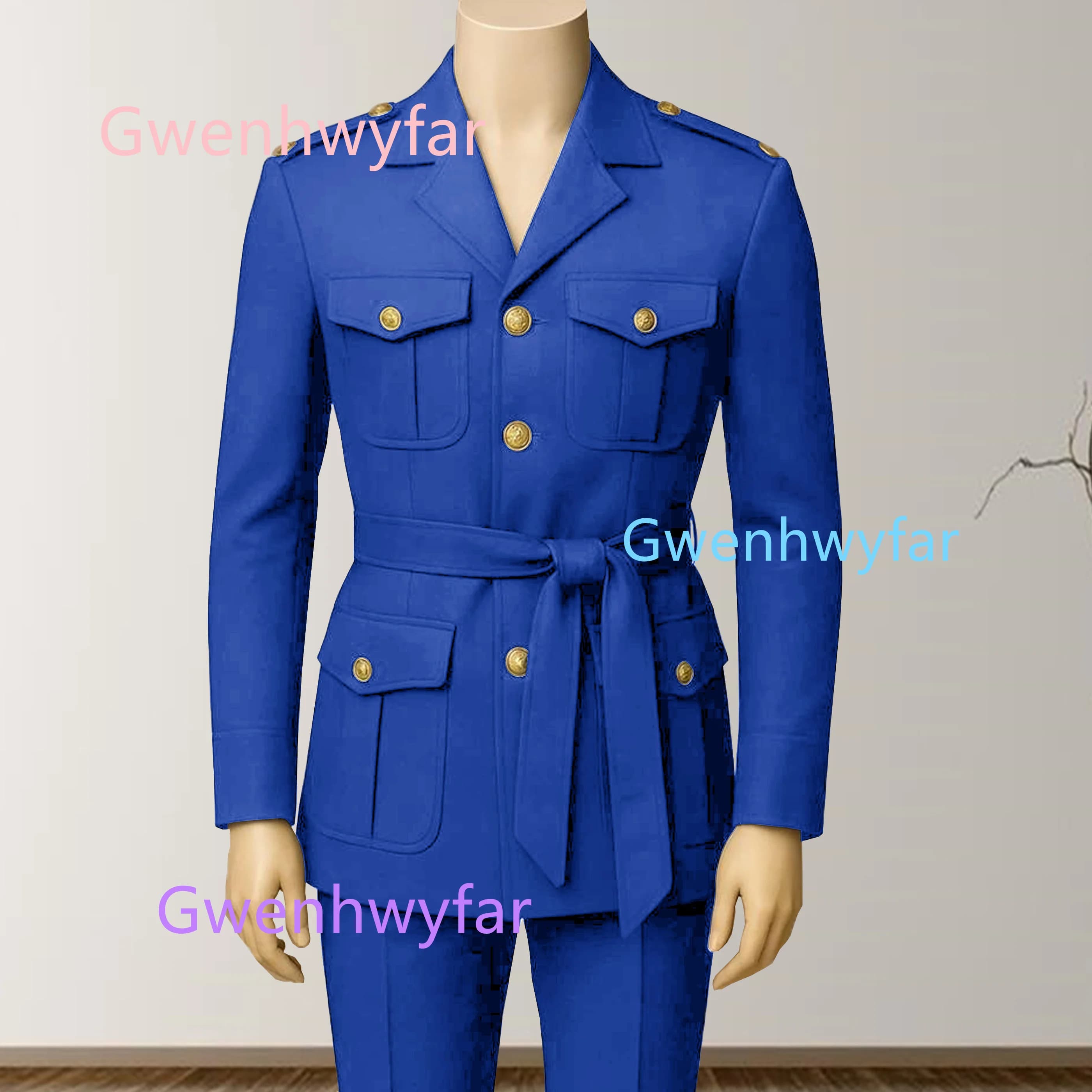 G&N Abito da lavoro stile 2 pezzi, giacca blu royal con cintura, bottoni dorati, abito da uomo casual da festa (giacca + pantaloni)