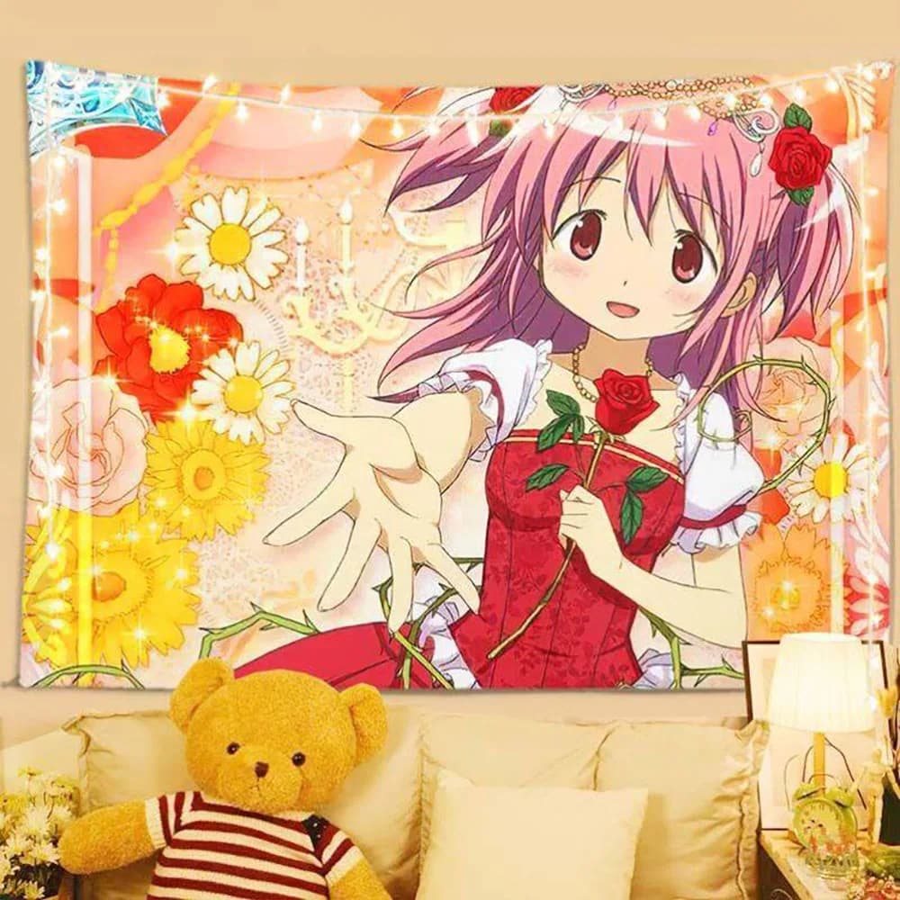 Magical Girl Madoka Magica Anime Character Tapestry Wall Hanging Decor Headboard for Student Bedroom Cartoon Background Cloth