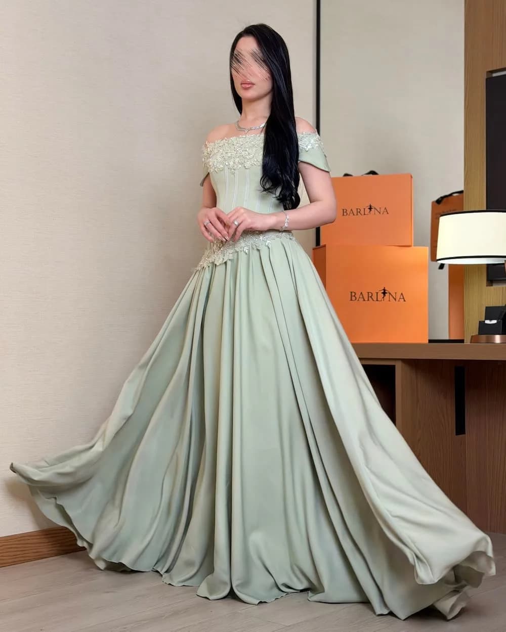 Customized Sage Green Off Shoulder Evening Dress Corset Waist Lace Appliques Chiffon Prom Gown Wedding Guest Formal Party Dress