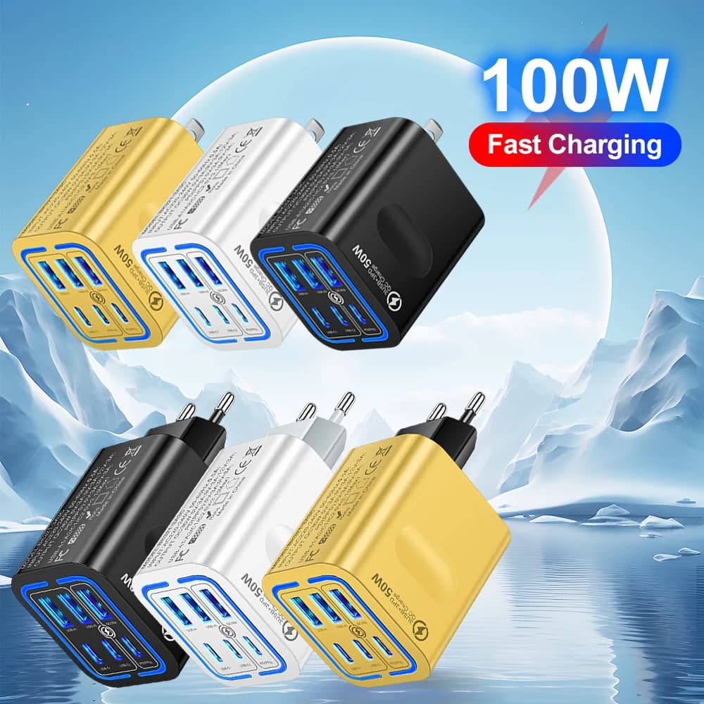 Caricatore da muro con presa EU/US/UK a ricarica rapida totale da 100 W a 6 porte per iPhone Samsung Xiaomi Huawei Adattatore per caricabatterie per telefono USB