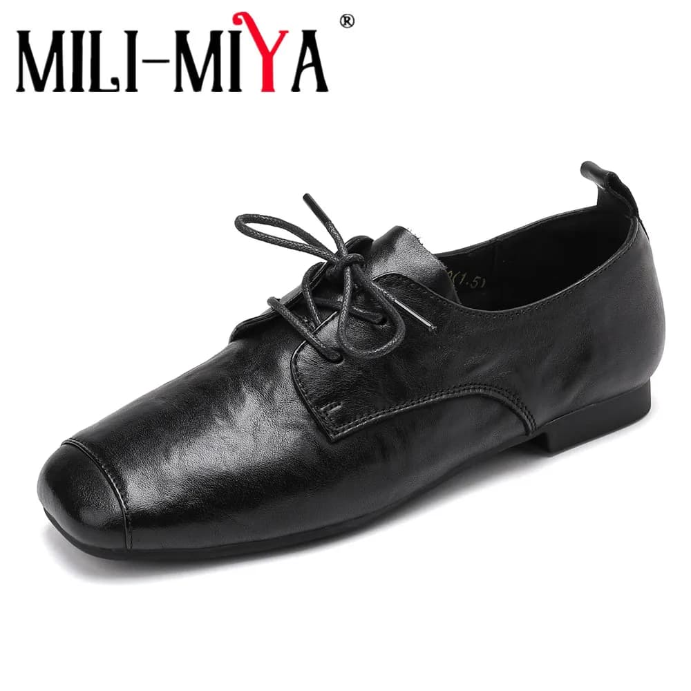 MILI-MIYA Scarpe basse da donna in pelle di mucca con punta quadrata Scarpe casual stringate nere di grandi dimensioni 34-40 fatte a mano per le signore