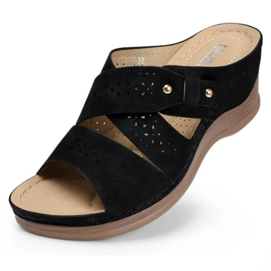 TEMOFON Wedge Sandals for Women Summer: Dressy Low Heel Sandals Black/Navy/White, Comfortable Walking, Arch support, Casual Sli