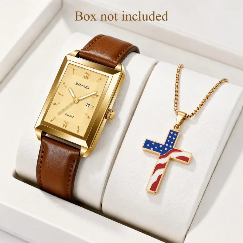 Set di Orologi e Collana da Uomo alla Moda, Orologio al Quarzo Analogico Quadrato di Lusso con Calendario, Regalo di Alta Gamma per Uomo d'Affari
