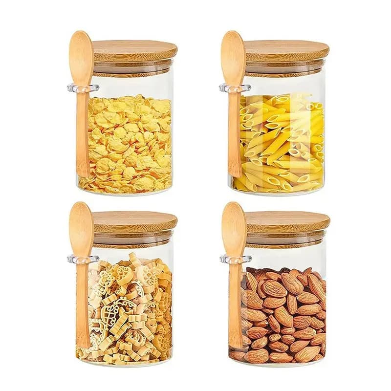 Glass Jars With Bamboo Lid & Spoons, Glass Jar With Airtight Lid, 15 Oz/450ML Glass Food Storage Containers-A78G